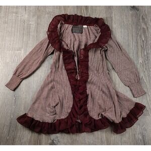 GUINEVERE‎ XS Anthropologie Cardigan Knit Top Ruffle Edge Burgundy Stripe Hook